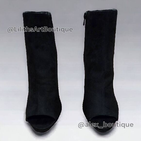Fashion Nova Black Suede Peep Toe Ankle Block Heel Booties(F007)Size 10 - Picture 4 of 12